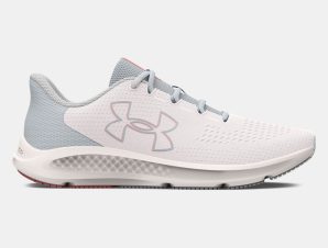 Under Armour – Women’s UA Charged Pursuit 3 Big Logo Running Shoes – White/Halo Gray/Pink Fizz